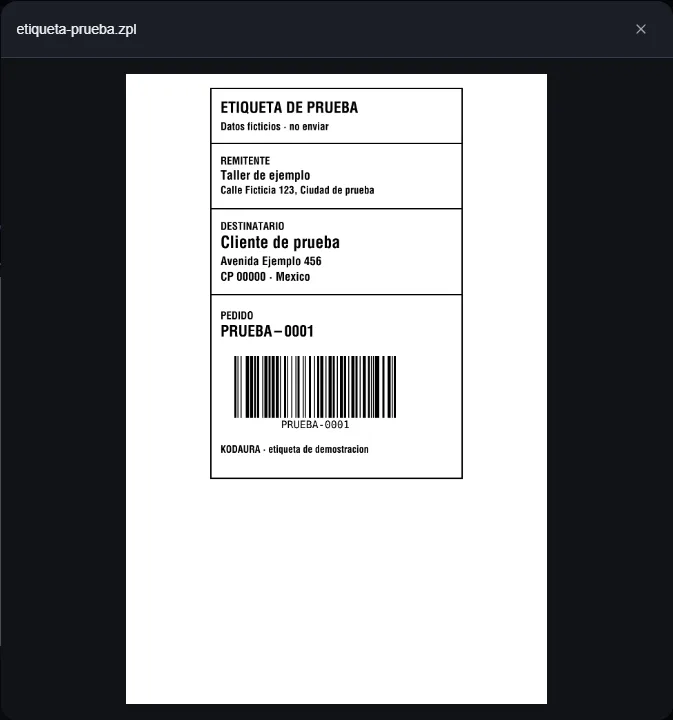 Vista previa de una etiqueta de envío de prueba con remitente, destinatario y código de barras ficticios